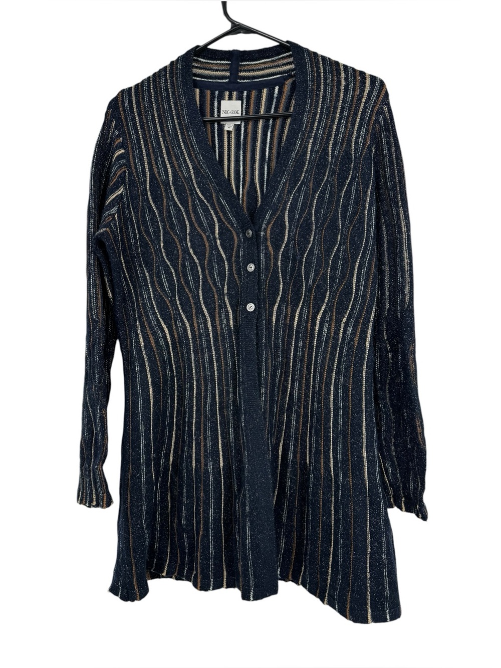 Women’s Nic + Zoe Size Medium Black/Cream/Camel Striped Button Front Cardigan
